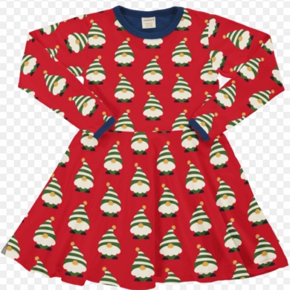 Maxomorra Festive Red Gnome Tomte Print Dress Sz 110-116cm